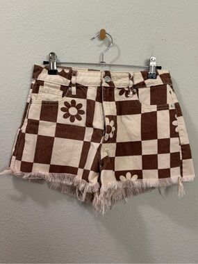 Pacsun High Rise Festival Checkerboard Floral Denim Shorts Size 25